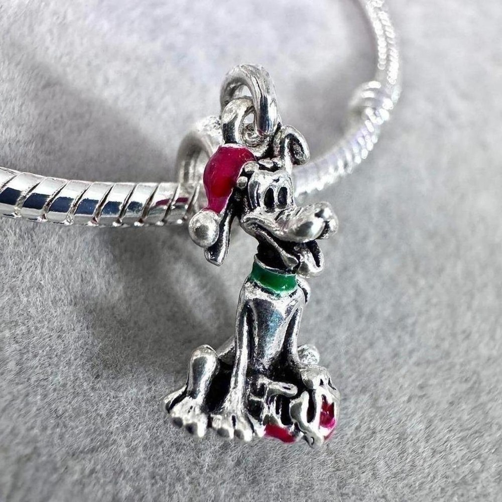 Pandora-like Disney Pluto Christmas Santa Hat Charm Bracelet Dangle